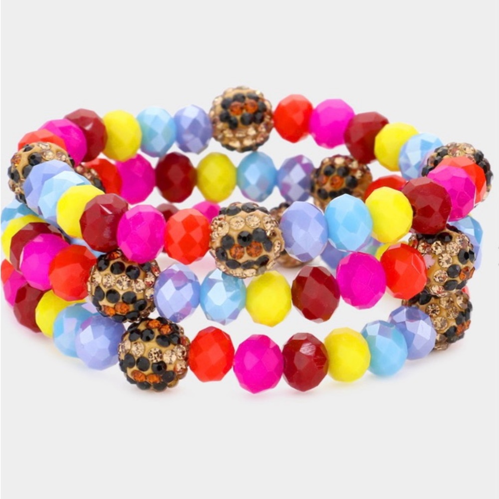 💥3 PCS- Leopard Pattern Shamballa Ball Faceted Bead Stretch Bracelets